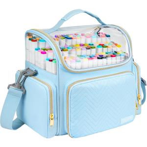 Marker Organizer Case for 180-300 Markers,Travel Marker Storage Bag with Dividers and 4 Pockets,Marker Organizer Holder for Paint Brushes,Colored Pencils and Other Art Supplies,Bag Only,Blue