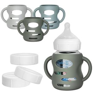 3 Pack Silicone Sleeves for Dr Brown Wide-Neck Glass Baby Bottles, Food GradeAnti Breakage Baby Bottle Holder with Handles and 3pcs Travel Bottle Caps, 5oz, Pack of 6, Dark Blue+Grey+Dark Green
