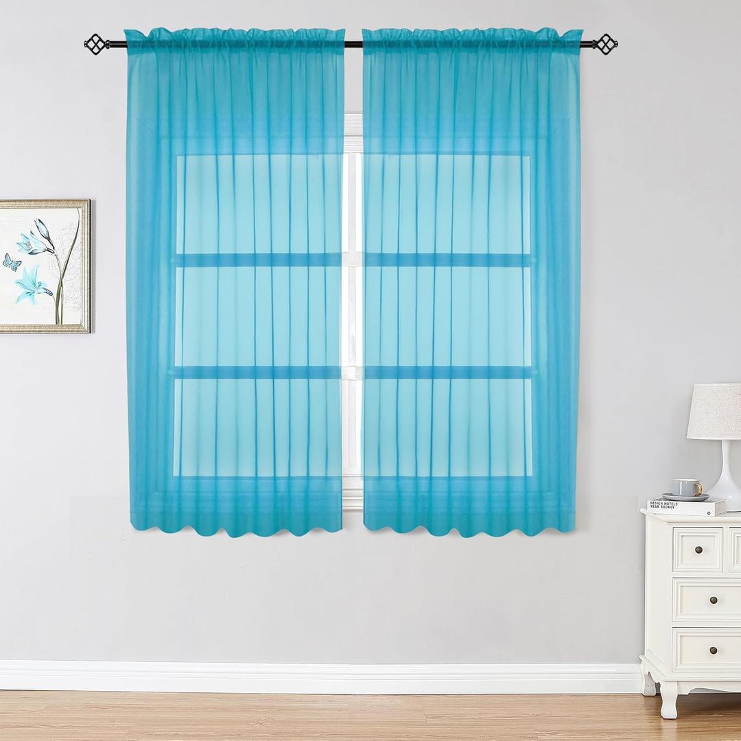 OWENIE Sheer Curtains 63 inch Length 2 Panels Set, Rod Pocket Voile Fimly Sheer Drapes for Living Room/Bedroom, 2pcs, Each 42" W x 63" LMarine Blue