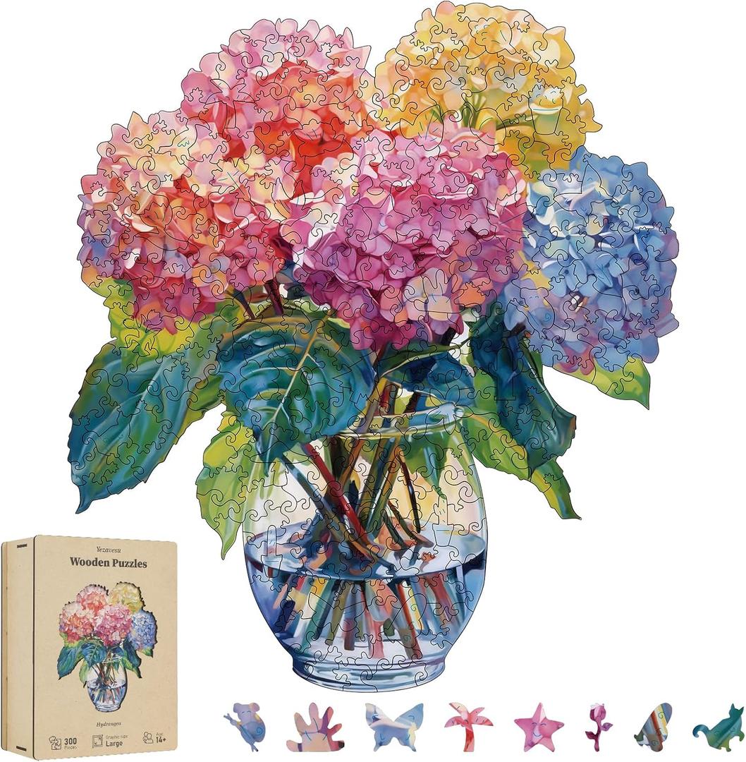 300 Pieces Flowers Wooden Puzzles for Adults, Hydrangea Unique Shaped Wooden Jigsaw Puzzles for Adults, Irregular Adult Wood Puzzle Creative Gift for Family Game