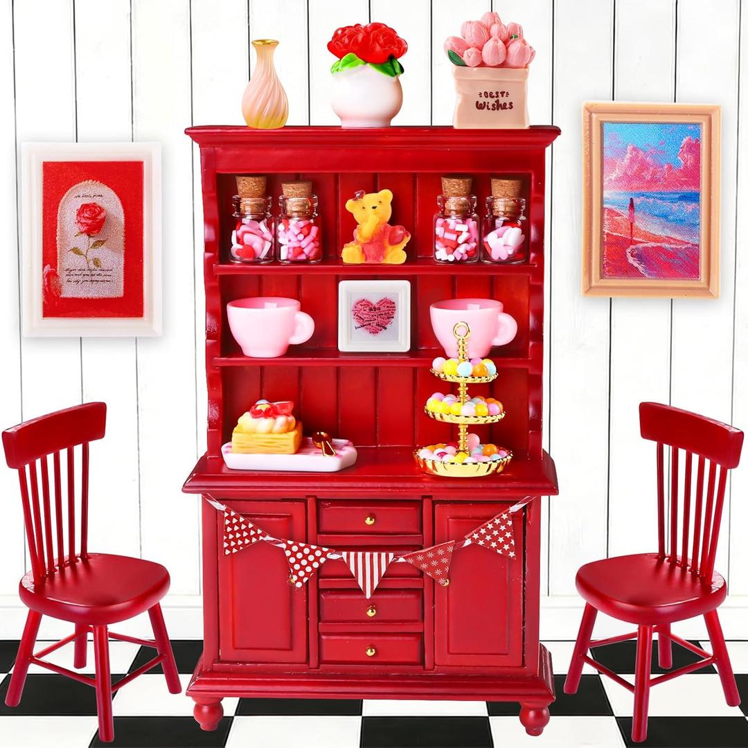 24Pcs Valentines Dollhouse Miniatures Decorations 1:12 Scale Mini Romantic Wooden Bookshelf Furniture Set Tiny Bottles Flowers Chairs Cups Valentine's Day Decor
