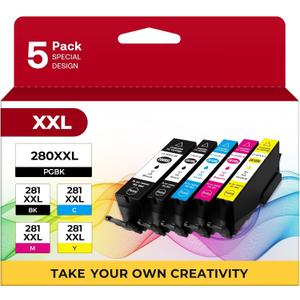 PGI-280 XXL/CLI-281 XXL Ink Cartridge 5 Color Value Pack Replacement for Canon 280 281 Ink Cartridges Compatible with Printer TR8520 TR8620 TR7520 TR8600 TS6120 TS6220 TS9120