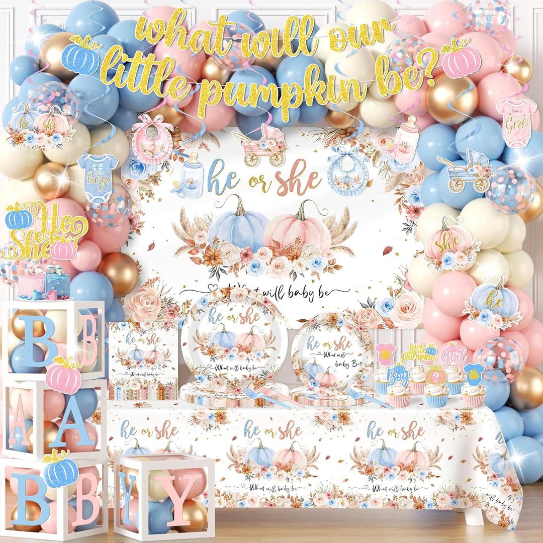 Pumpkin Gender Reveal Decorations, Fall Gender Reveal Decorations includes He Or She What Will Our Little Pumpkin Be Backdrop Plates Napkins Balloon Arch Box for Baby Girl Decoration