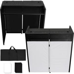 Neoaider DJ Facade Booth w/Double Top Desktop, DJ Booth Table Station with Black & White Scrims, Detachable DJ Table, Carrying Bag, Foldable Metal Frame DJ Booth Panel for Show, Wedding, Clubs