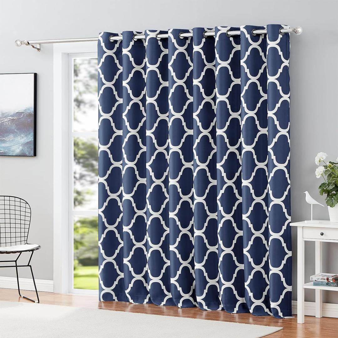Melodieux Moroccan Wide Curtain Room Darkening Blackout Drape for Patio Sliding Glass Door Extra Wide Window, 100" W x 84" L, Navy Blue (1 Panel) 
