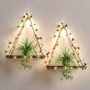 RICHER HOUSE Artificial Ivy LED-Strip Wall Hanging Shelves Set of 2, Macrame Shelf no Drilling for Living Room Decor, Bedroom, Kitchen, Wood Hanging Plant Shelves for Wall Dcor