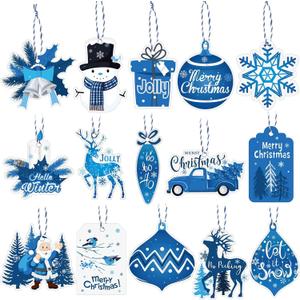 Pasimy 150 Pcs Christmas Name Tags with String Winter Paper Gift Tags White Blue Christmas Hanging Tag Labels Xmas Holiday Hang Name Tags for Gift Wrapping DIY Xmas Present Party Decor 15 Designs
