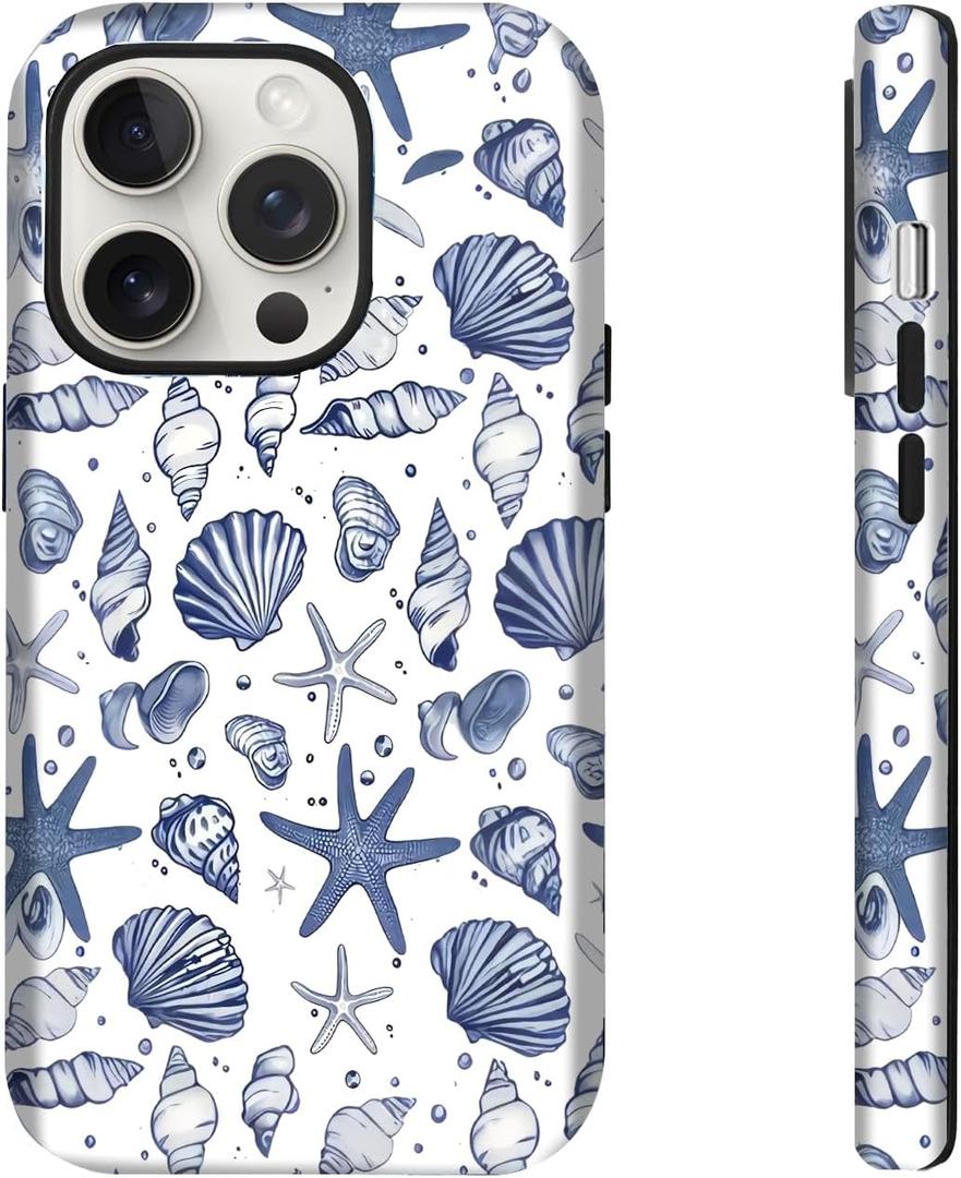 Compatible for iPhone 14 Pro Case, Coastal Beach Summer Blue Ocean Seashell Aesthetic Protective Phone Case (for iPhone 14 Pro), RUI-97A-A