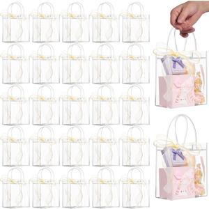 WDSHCR 50 PCS Clear Plastic Gift Bags with Handles, Party Favor Bags with Ribbons, Reusable Goodie Tote Bags for Wedding, Baby Shower, Birthday (Clear 5.9 x 6.3 x 2.8, 50 Pack)