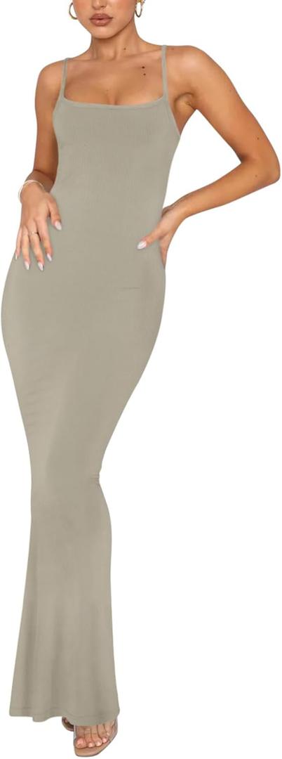 REORIA Women's Basic Sexy Lounge Slip Long Dress Elegant Sleeveless Backless Ribbed Bodycon Maxi Dresses (Large, Antique Pewter)
