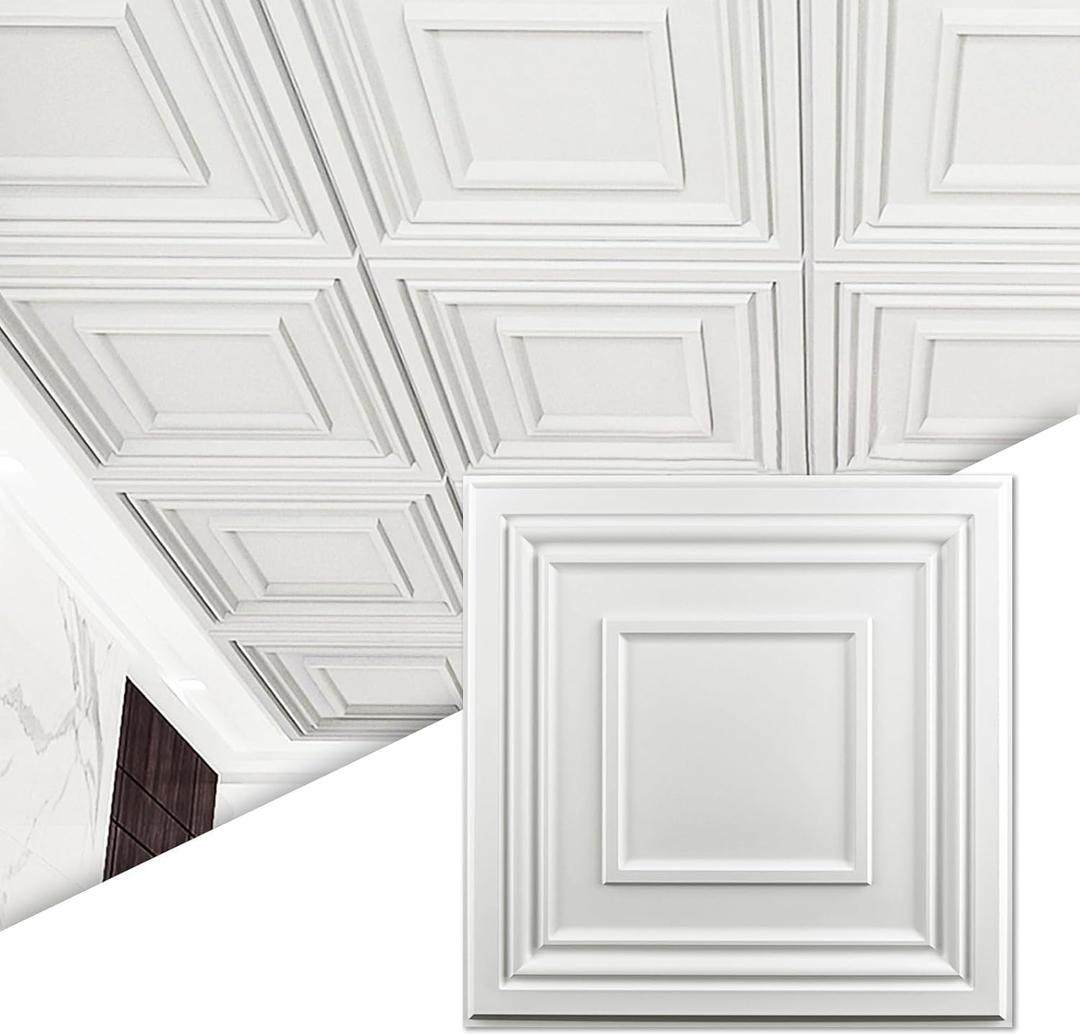 Art3d Drop Ceiling Tiles 24x24 Inch (12-Pack, 48 Sq.ft)  Glue Up PVC Ceiling Tiles 2x2 Ft., Decorative Ceiling Panels for Kitchen, Living Room, Office and Home, White