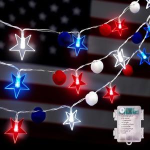 2PC 4th of July Red White Blue Lights Star and Pom-Pom Design 9.8ft 20 LED Star Fairy Patriotic Lights for fourth of july Independence Day Decorations Battery Operated for President Memorial Day Decor