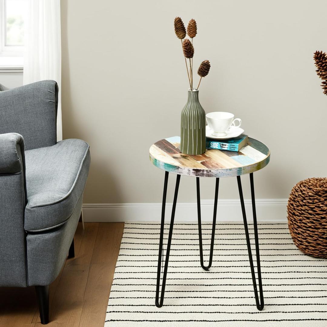 WELLAND Reclaimed Wood Side Table, Round Hairpin Leg End Table, 16" L x 16" W x 20.5" H, Night Stand, Recycled Boat Wood for Living Room, Bedroom, Home Office, Patio