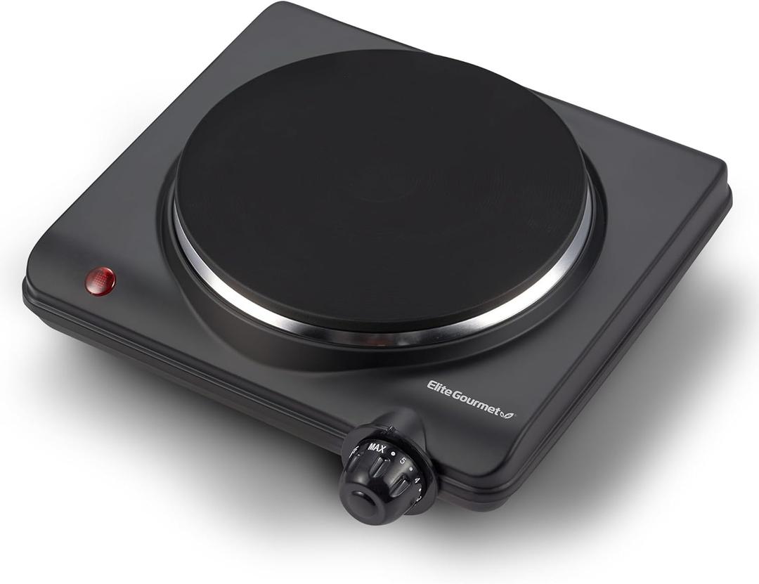 Elite Gourmet Countertop Electric Burner, 1000W Cast Iron Hot Plate, 7 Heat Settings, Portable Cooktop for RV, Dorm, Office & Small Kitchens, Road-Ready & Compact (Single)