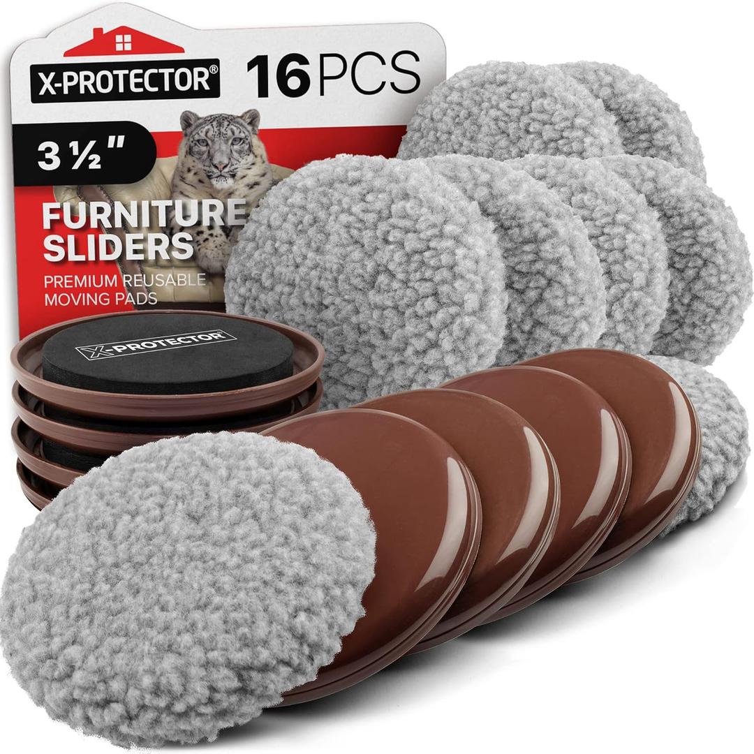 Furniture Sliders X-PROTECTOR - 8+8 Pack 3 1/2 - Multi-Surface Furniture Sliders for Carpet & Hard Floors - 8 Furniture Movers for Carpeted Floors and 8 Hardwood Socks - Move Your Furniture Easily!