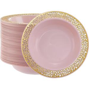 I00000 60pcs Pink Gold Plastic Bowls, 12 oz Dessert Bowls, Gold Lace Trim China Look, Premium Heavy Duty Soup Bowls for Party, Pink Gold salad Bowls for Wedding