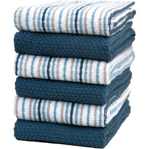 Kitchen Towels 16x 26 - 6 Pack | Large Cotton Kitchen Hand Towels | Dish Towels | Popcorn Stripe Design | 430 GSM Highly Absorbent Tea Towels Set with Hanging Loop | Dish Towels for Kitchen | Blue