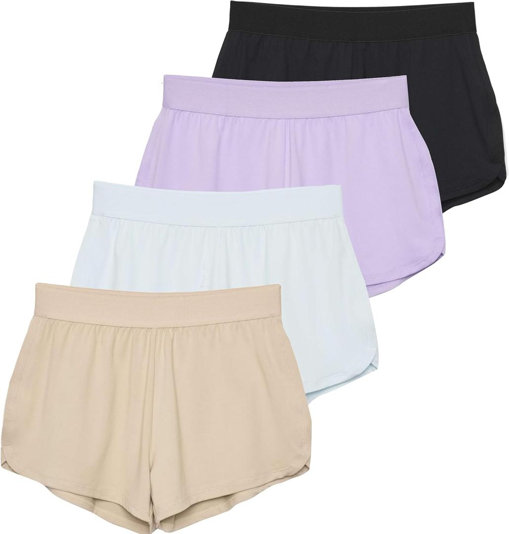 Real Essentials 4 Pack: Girls Athletic Performance Running Shorts with Drawstring & Pockets (Medium, Set 7)