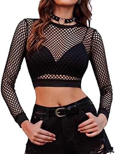 Avidlove Fishnet Top Women Mesh Long Sleeve Crop Top See Through Shirt Sheer Rave TopS