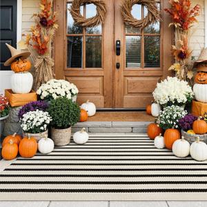 Collive Black and White Rug 3x5, Washable Fall Outdoor Rug for Porch Cotton Woven Farmhouse Indoor Outdoor Rugs,Layered Welcome Door Mat,Floor Carpet for Front Door Halloween Decor Kitchen