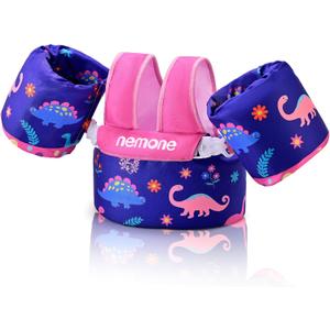 Nemone Toddler Swim Vest for 22-70 lbs Kids Floaties Swim Jacket with Arm Water Wings for Girls Boys 1 2 3 4 5 6 7 Years Old Beach Pool 20 30 40 50 60 66 Pounds Puddle Jumper (Pink Dinosaur)