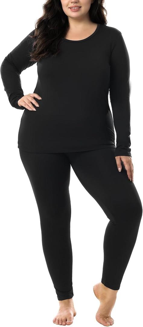 HOdo Plus Size Thermal Underwear Women Long Johns Fleece Lined Base Layer Top and Bottom Sets 1X (Black)