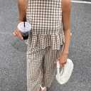 codcm Women's 2 Piece Gingham Set Summer Outfits Ruffle Tank Top and Wide Leg Pants Matching Lounge Set XL