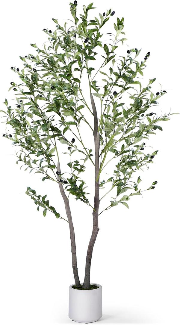 Artificial Olive Tree 5FT, Faux Olive Tree with Natural Trunk & Realistic Leaves & Fruits, Fake Olive Tree with White Planter, Artificial Plant for Home Decor & Housewarming Gift, 1 Pack