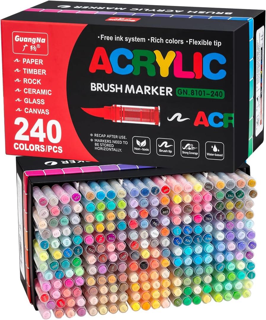 240 Colors Acrylic Paint Markers Set, Soft Flexible Brush Markers for Rock Painting, Canvas, Wood, Ceramic, Glass & Paper DIY Art Crafts