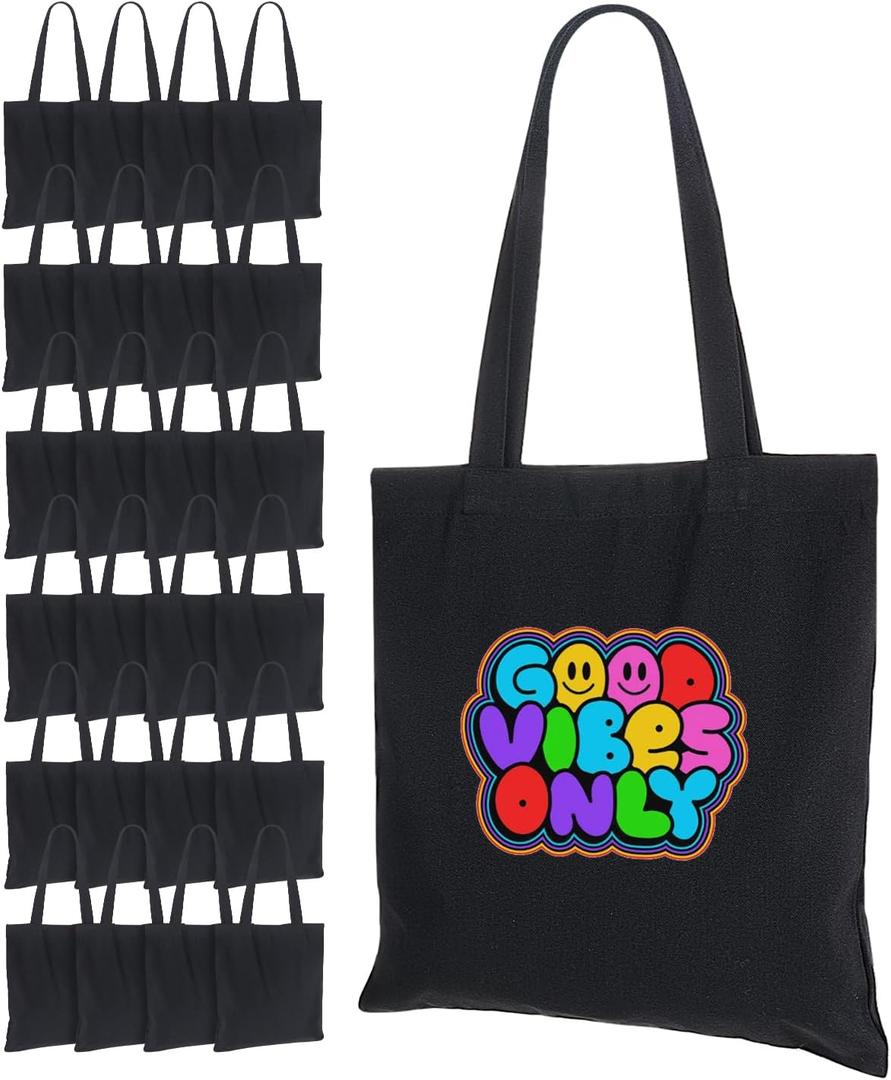 Lzerking Canvas Tote Bag Bulk 24 Pack 14x15 Inches Black Blank Canvas Bags, 10oz Medium Reusable Grocery Shopping Cloth Tote Bags for Painting, Gift, Heat Transfer Vinyl