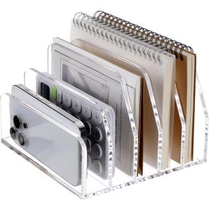 SANRUI Acrylic Desk Mail Organizer Sorters, Clear 5 Upright Compartments Laddered Desktop File Letter Holder, Multifunction Envelope Vertical Folder Racks Document Holders for Office, Home, School