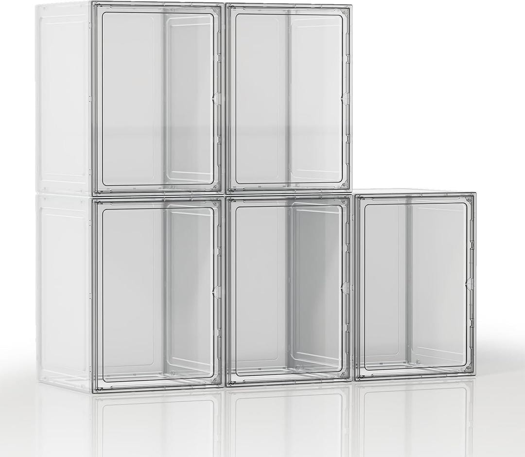 Boot Storage Organizer Tall Boots, 5 Pack Clear Shoe Storage Boxes Stackable Boot Boxes for Tall Boots Organizer for Closet, White Display Case with Clear Door for Purse, Handbag, Figure, Book (XL-5 Pack, White with Clear Door)