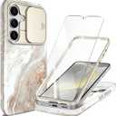 GVIEWIN for Samsung Galaxy S24 Plus Case, [Slide Camera Cover & Built-in Screen Protector] [Military-Grade Shockproof] Marble Rugged Full Body Protection Phone Case for S24+ Plus 6.7",Pearlescent/Gold