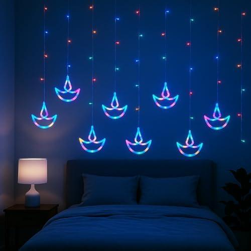 KEPATO Diwali String Lights Multicolor 12 Diya Curtain Lights 138 LED Battery Operated Indian Festival Lights for Wall Window Room Decor Indoor Outdoor
