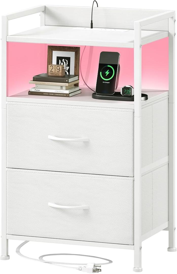 Somdot White Nightstand with Charging Station and LED Light for Bedroom, 2 Drawers Dresser with Fabric Bins for Bedside Kids Dorm Room Closet Laundry Entryway, White Leather