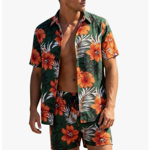 Men's Hawaiian Beach Vacation Printed Short sleeved Shirt and Shorts Set, Small