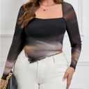 MakeMeChic Women's Plus Size Tie Dye Square Neck Lettuce Trim Asymmetrical Long Sleeve Tee Shirt Tops (Black, XXXL)