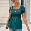 Womens 2025 Summer Puff Short Sleeve Babydoll Tops, New Blue Green (XXL)