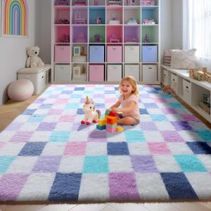KICMOR Purple Rainbow Checkered Rugs for Living Room, Fluffy Soft 8x10 Area Rugs Colorful Fuzzy Shag Shaggy Bedroom Carpet, Cute Indoor Plush Rug for Kids Girls Dorm Nursery Home Decor Aesthetic