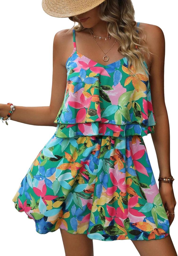Women's Boho Wide Leg Short Romper Spaghetti Strap Layered Ruffle Vacation Summer Jumpsuit (Medium, Green)