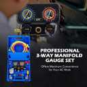 Orion Motor Tech AC Gauges, 3 Way Manifold Gauge Set for R1234yf R134a R404a Refrigerant, Automotive Gauge Set with Hoses Quick Couplers Self Sealing Can Taps for Car Freon Charging & Evacuation