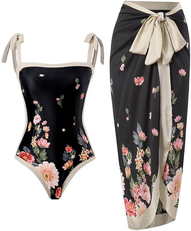 One Piece Bathing Suit for Women with Beach Cover up Wrap Skirt Swimsuit Sarong Retro Floral Print Bikini Set (Small, 2308 Balck)