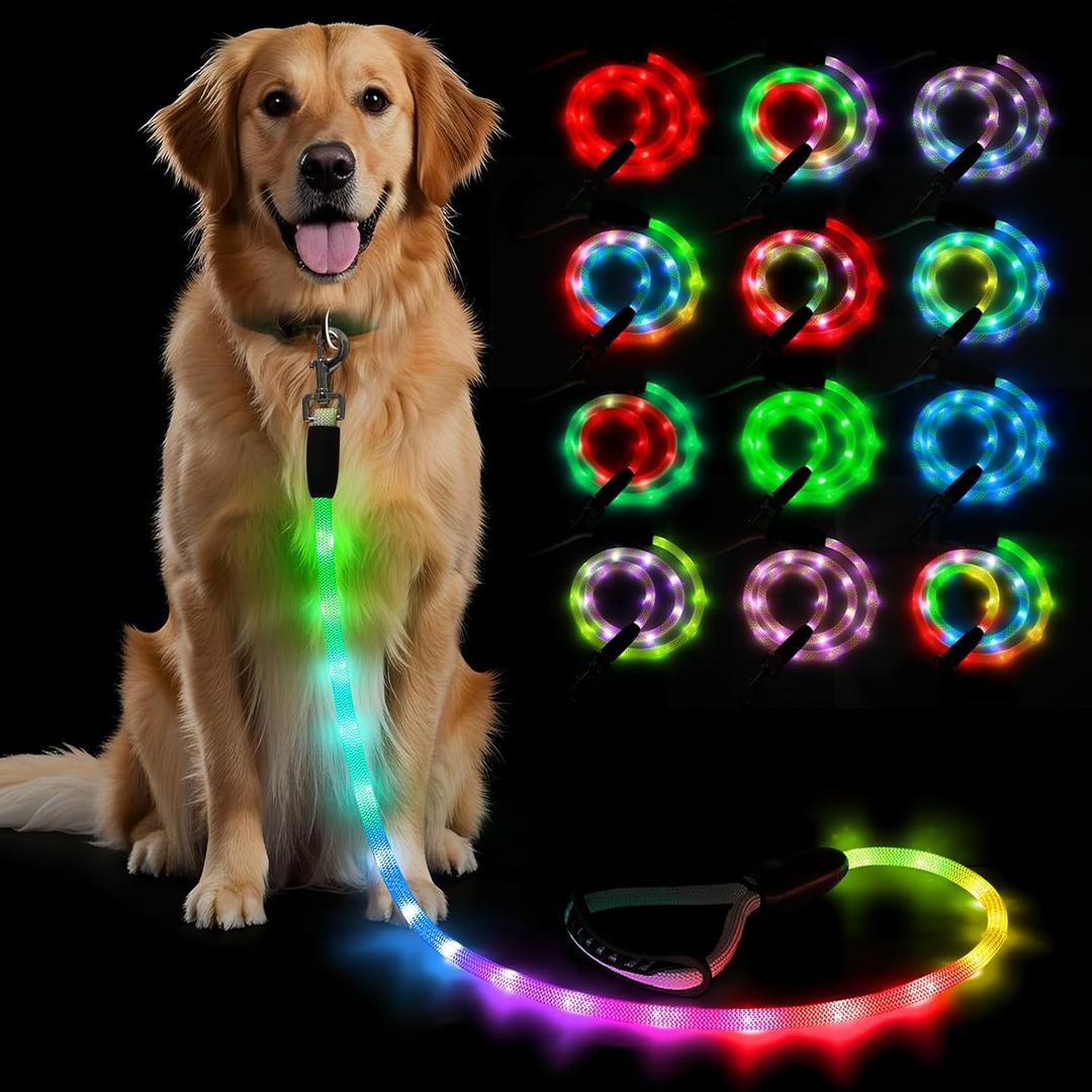 BSEEN Light Up Dog Leash - LED Dog Leash Type-C Rechargeable, 13 Lighting Modes, Glow in The Dark Pet Lead with Soft Handle for Small Medium Large Dogs Night Walking Safety (RGB, 4 Ft)