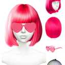 Wig and Party Sunglasses - Hot Pink Wig for Women With Bangs, Dark and Neon Pink Options - Bachelorette Party Decorations Favors