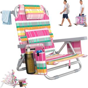 Suteck Beach Chair, Adjustable 5-Position Backpack Beach Chairs for Adults Kids, Foldable Lay Flat Chair with Cooler Bag, Cup Holder and Lumbar Pillow, Reclining Lay Down Chairs (1, Rainbow Pink), Oversized
