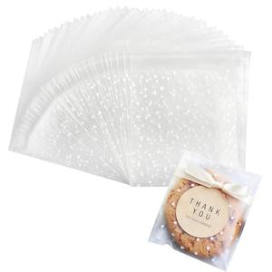 Zezzxu 200 Self Adhesive Cookie Bags, 5.5 x 5.5 Inches White Polka Dot Cellophane Treat Bags for Packaging, Gift Giving