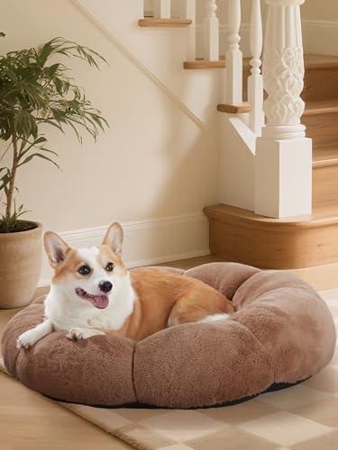 OhGeni 31 inches Calming Donut Orthopedic Dog & Cat Bed for Medium Pets, Warming Comfort Fluffy Short Pile Fur, Durable Waterproof Machine Washable Removable Cover, Cute Round Bed for Puppy, Brown