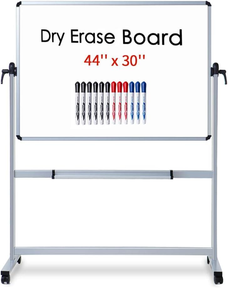 VIZ-PRO Double-Sided Magnetic Mobile Whiteboard 44 x 30 Inches, Aluminium Frame and Stand, with 12-Count Markers