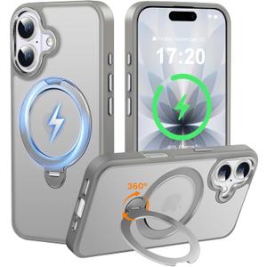 360 Spin Magnetic Stander for iPhone 17 Case [Compatible with Magnetic] [Built-in Kickstand] Mil-Grade Protective, Matte Non-Slip for iPhone 17 Phone Case(Gray)