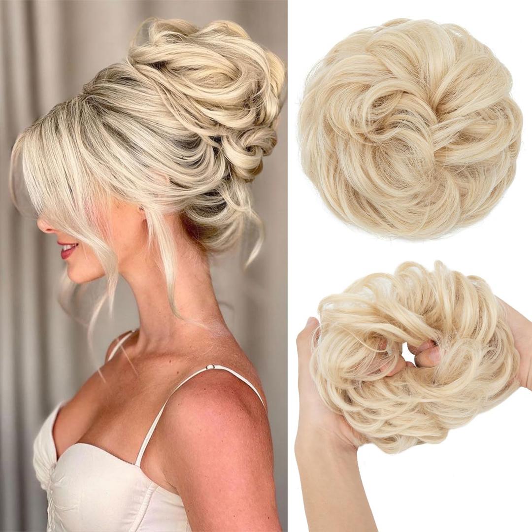 CJL HAIR Large Messy Bun Hair Piece Wavy Curly Scrunchies Synthetic Chignon Ponytail Hair Extensions Thick Updo Hairpieces for Women Light Champagne